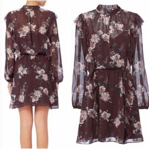New Intermix Silk Brown Floral Ruffled Long Sleeve Short Dress